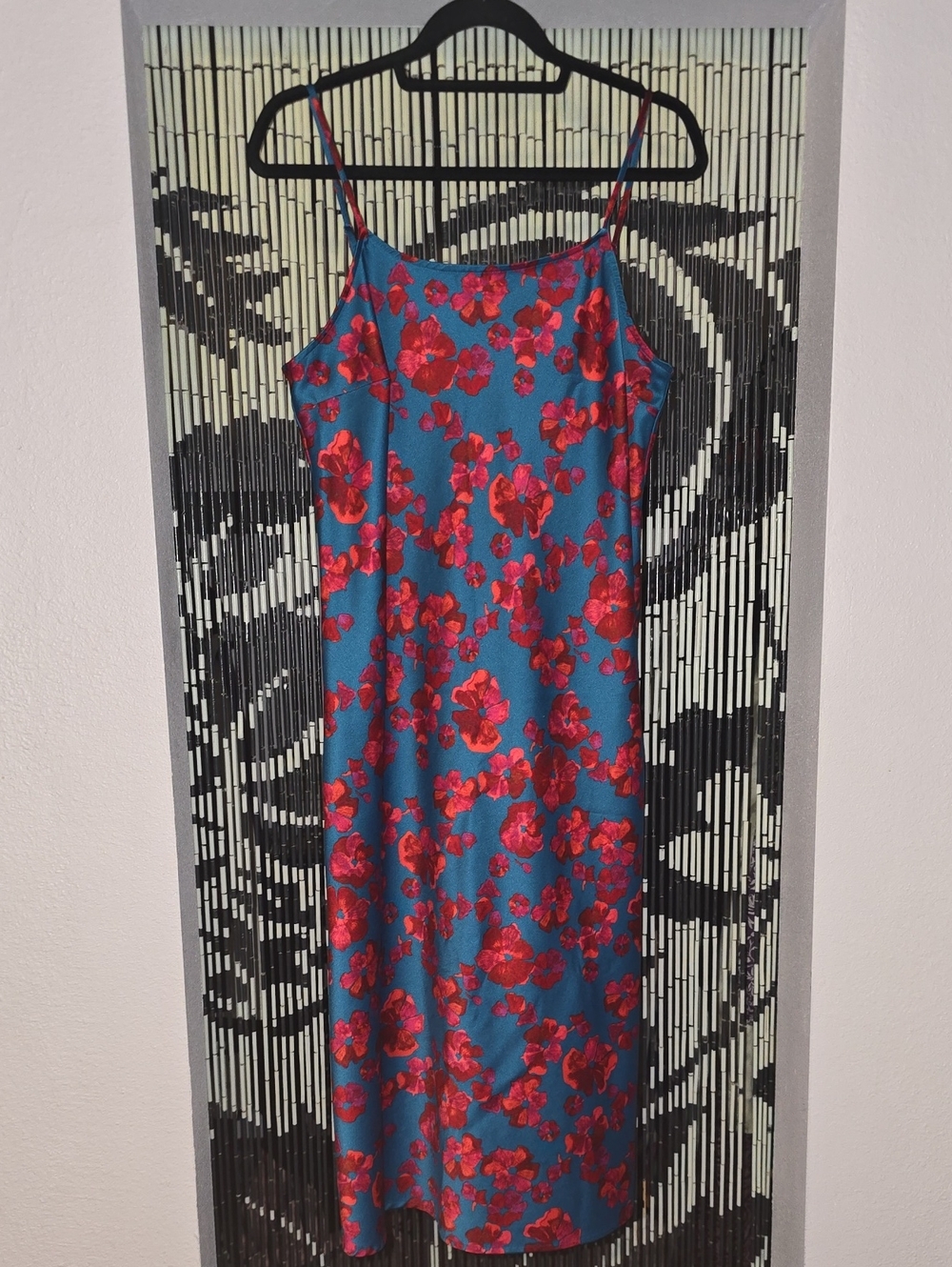 a new day Teal Slip Midi Dress with Red Floral Trim